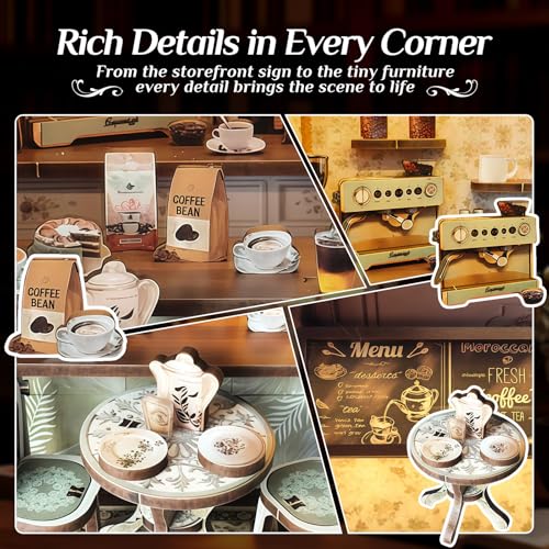 Book Nook Kit, DIY Miniature House Kit for Adults & Teens, Cozy Coffee Shop Scene Bookshelf Insert Decor with LED, 3D Wooden Puzzle Gift for Book Lovers (Coffee Shop) - style: Coffee Shop