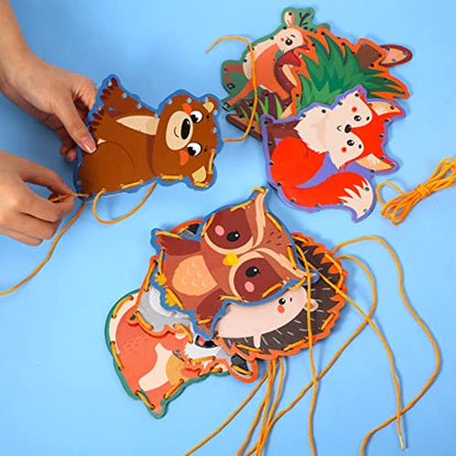 Pajean 10 Pcs Kids Lacing Cards Double Sided Animal Sewing Cards Kits 10 Styles Lacing Toy Crafts for Toddler Ages 6+ Developing Imagination Preschool Learning Activity Supplies(Forest Animals Style) - style: Forest Animals Style