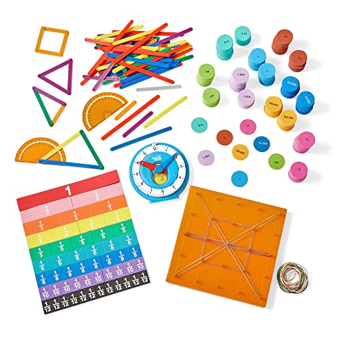hand2mind Extended Manipulatives at Home Kit for Ages 8+, Math Manipulatives, Advanced Number Line Clock, AngLegs, Place Value Disks, Rainbow Fraction Tiles, Homeschool Curriculum Must Haves