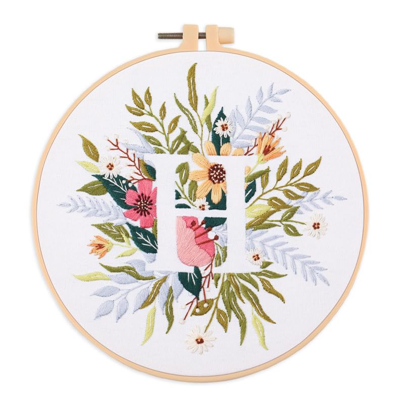 Amiiba Embroidery Starter Kit with Letter H Pattern, DIY Full Range Stamped Embroidery Cross Stitch Kits for Beginners Adults (Letter H) - color: Letter H