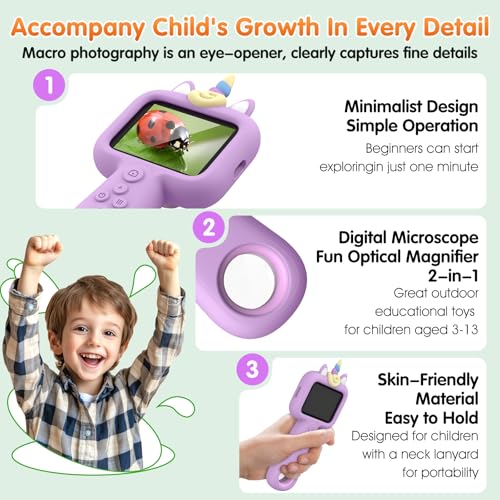 Kids Microscope, 2.4" Screen Handheld Digital Microscope 600X with 4K Camera & 8 LED Lights, Portable Pocket Microscope for Bugs Plants Nature Exploration, STEM Science Toy Gift Ages 3-12（Purple） - color: Purple