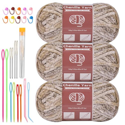 LUNARM Chenille Yarn for Crochet Knitting Chunky Blanket Velvet Yarn - color: Light Khaki Gradient