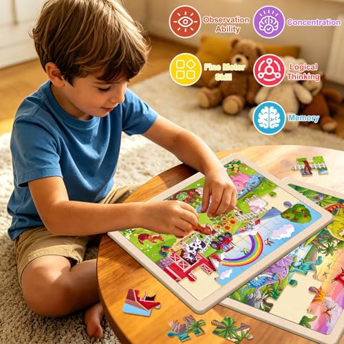 Puzzles for Kids Ages 4-6, 4 x 24 PCs Animals Wooden Puzzles - color: Dinosaur+forest+marine+farm