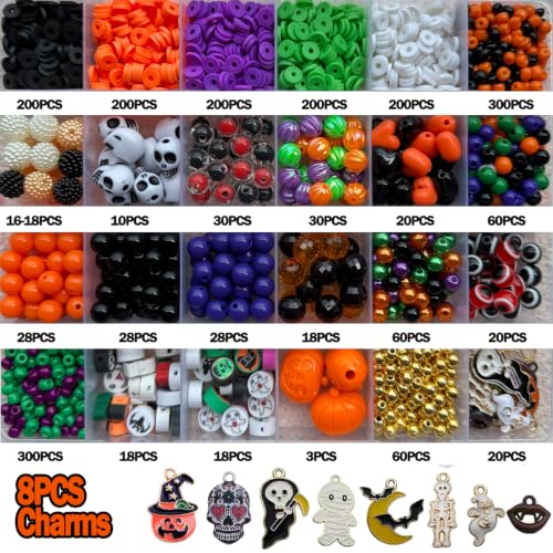 LLchunyun Halloween Beads for Bracelet Making Kit,2069Pcs Clay Bead Acrylic Beads for Jewelry Making Pumpkin Gold Spacer Seed Bead with Charms Friendship Bracelets Making Kit for Halloween DIY Crafts