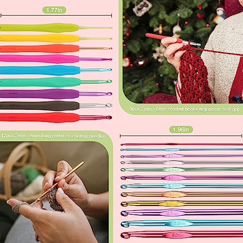 Katech Crochet Hooks Set with Case, 73-Piece Crochet Hooks Kit Knitting Accessories Ergonomic Aluminum Alloy Crochet Hook Colorful Crochet Needles for Making Socks, Gloves, Bag, Hat, Sweaters - color: Flowers Pattern