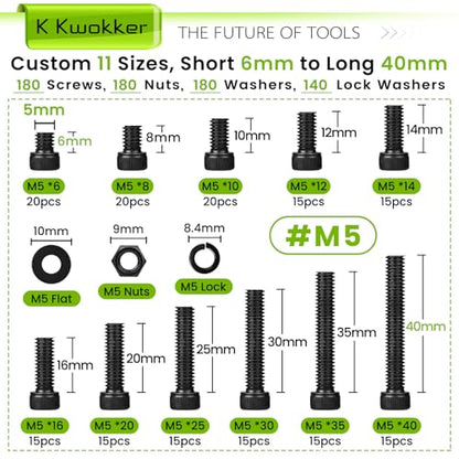 680PCS M5 Nuts and Bolts Assortment Kit 6mm-40mm, 11 Length Hex Socket Head Cap Machine Screws 12.9 Alloy Steel M5 Screw Assortment, Bolts and Nuts Kit Black 6/8/10/12/14/16/20/25/30/35/40MM - size: D. M5