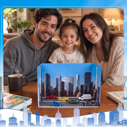 AmazingSpark 2 Set City Style Diorama Box and Road Sticker Decor, City Diorama Project Supplies Set, Cardboard Display Case Kit & Cards with Double Sided Tapes for Cars Miniature DIY Crafts - style: City