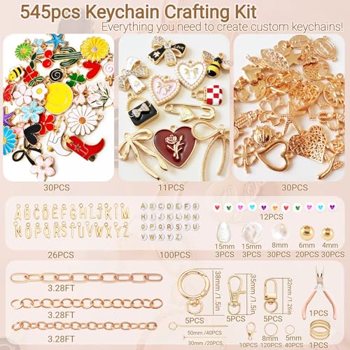 NewOasis 545Pcs Keychain Making Kit, Jewelry Making Supplies with Charms,Bow Bag Charms, Pearls, Chains,DIY Craft Supplies for Custom Keychains, Gift, Party, or Family Activ - color: Gold-545pcs kit