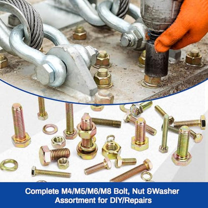 1020Pcs Grade 8.8 Metric Bolt Assortment Kit, M4 M5 M6 M8 Heavy Duty Hex Bolts & Nuts with Washers,Yellow Zinc Plated(12-30mm), Automotive/Furniture Hardware,Assorted Metric Fasteners for DIY & Repair