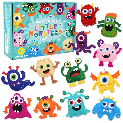 CiyvoLyeen Kids Sewing Kit Crafts– Little Monsters Felt Plush DIY Craft Adopt A Monster Educational Sewing Set for Kids Beginner Craft Kit Set of 12 - color: Monster-12 Pcs