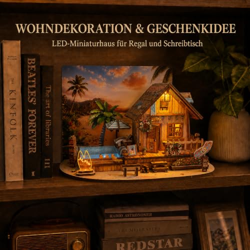 LED 3D Wooden Puzzle for Adults, DIY Miniature Hawaiian Beach House,Decor