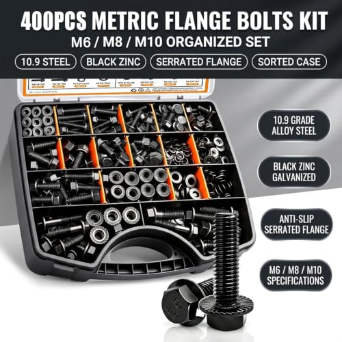 mankk 400PCS Metric Flange Bolts Nuts Washers Auto Fasteners - size: 400PCS M6 M8 M10, style: Flange Bolt