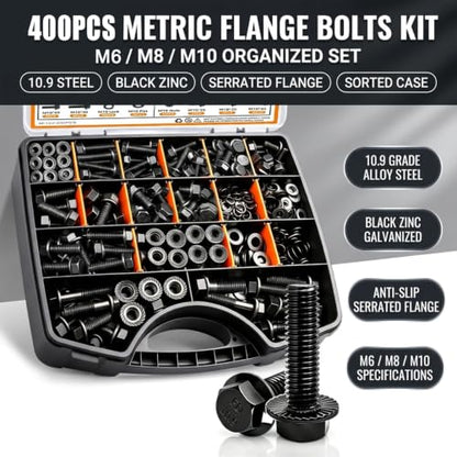 mankk 400PCS Metric Flange Bolts Nuts Washers Auto Fasteners - size: 400PCS M6 M8 M10, style: Flange Bolt