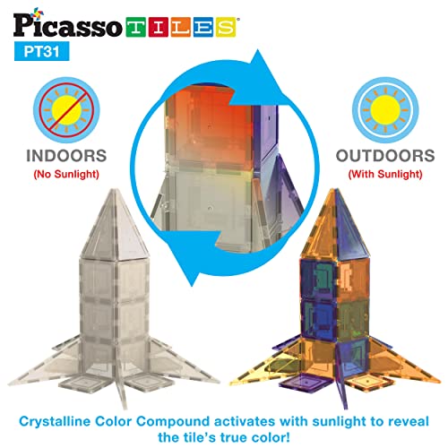PicassoTiles UV Activated Color Changing Rocket Set Magnet Construction Toy Kit Engineering STEM Learning Playset Child Brain Development Stacking Blocks Playboard for All Ages 3 and Up PT31 - color: Uv Activated Color Changing