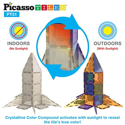 PicassoTiles UV Activated Color Changing Rocket Set Magnet Construction Toy Kit Engineering STEM Learning Playset Child Brain Development Stacking Blocks Playboard for All Ages 3 and Up PT31 - color: Uv Activated Color Changing