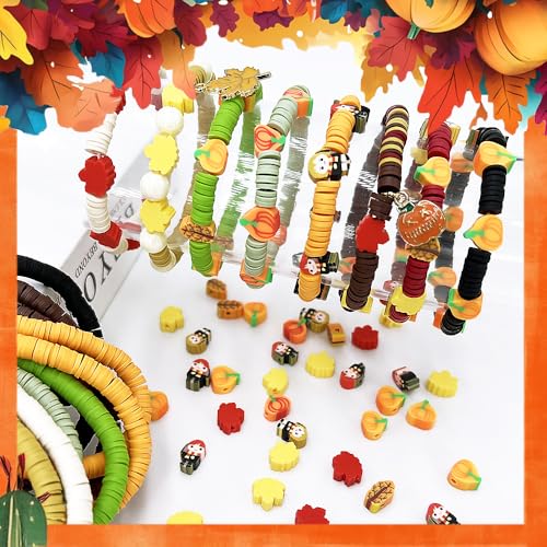3600 PCS 10 Strands Fall Clay Beads for Jewelry Making, with 50pcs Autumn Clay Charms for Bracelets Making (Thanksgiving Day) - color: Brown Orange Green