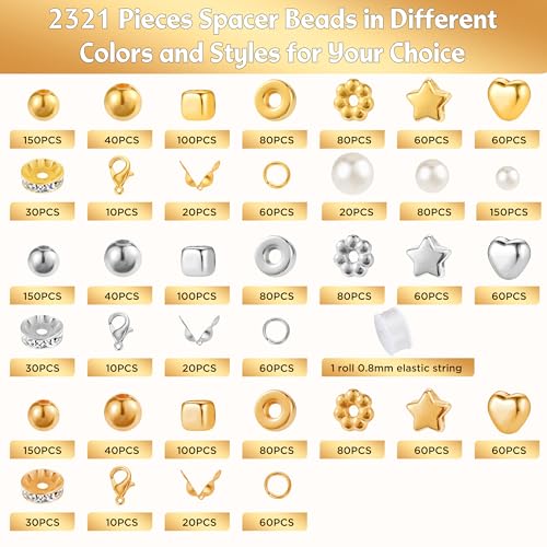 Funtopia Spacer Beads Bracelet Making Kit, 2320 Pcs Jewelry Making Supplies - color: 1.Gold, Silver, KC Gold