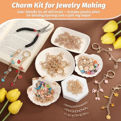 500Pcs Charms Lip Gloss Keychain Making Kit, DIY Craft Supplies with Charms, Key Chain Hooks, Jump Rings, Lobster Clasps, Chains & Tools, Jewelry Making Kit for Custom Keychains, Valentines Gifts - color: Gold-500Pcs Kit