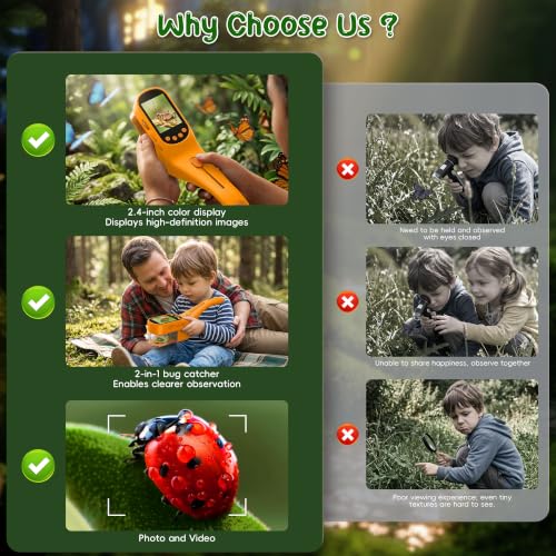 CIMELR Bug Catcher for Kids with 2.4" Screen, 500X Digital Microscope, 1080P Photo/Video, 1000mAh Battery, 8 LED, PC Real-Time Imaging, STEM Nature Toy & Gift for Boys Girls Ages 3-12 - color: Yellow