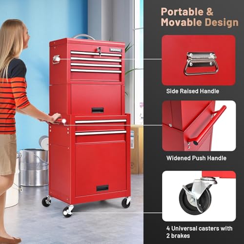 Goplus 6 Drawers Tool Chest, Rolling Metal Tool Box with Universal Wheels, Protective Liner, Detachable Top Toolbox, Auto Lock, 3-in-1 Large Tool Cabinet for Garage Shop Auto Repair - color: Red, style: Large 6 Drawers