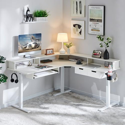 RedLemon 60 Inches L Shaped Electric Standing Desk 2 Tier, Antique White - color: Antique White, size: 60"X60"