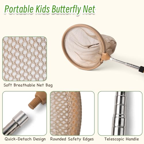 Bug Catching Kit for Kids Ages 3-14, 11PCS Wooden Nature Explorer Set with Butterfly Net, Bug Habitat, Magnifying Glass and Outdoor Insect Tools, Catch-and-Release STEM Educational Toy Gift