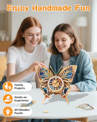 3D Wooden Puzzles for Adults Butterfly Design Clock Model Kit with Pendulum