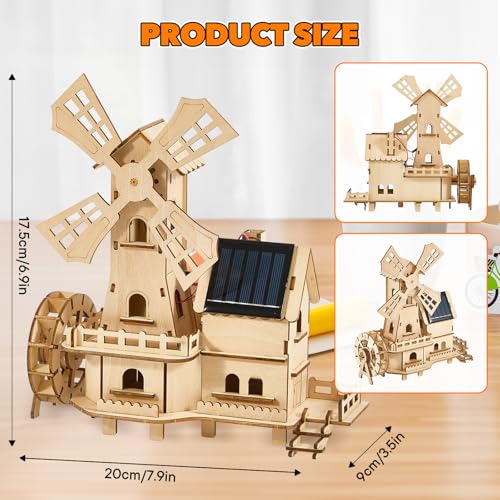 Snap-Fit Solar 3D Wooden Puzzle | Tools-Free DIY Waterwheel Dutch Windmill House Building Kit | STEM Educational Science Craft Toy for Kids 8-15 & Adults