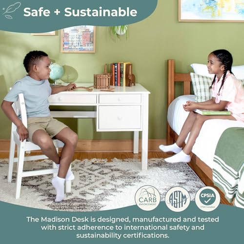 Guidecraft Madison Kids Desk and Chair Set - White: Wooden Table with Storage and Drawers | Children's Workstation, Computer Table and Chair Set for Bedroom Furniture | Study & Activity Desk for Kids - size: Desk and Chair Set