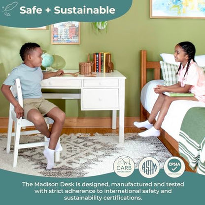 Guidecraft Madison Kids Desk and Chair Set - White: Wooden Table with Storage and Drawers | Children's Workstation, Computer Table and Chair Set for Bedroom Furniture | Study & Activity Desk for Kids - size: Desk and Chair Set
