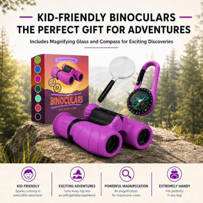 Binoculars for Kids – Perfect Toy for Little Boys and Girls – Extensive Set Incl. Magnifying Glass & Compass – Powerful Magnification 8X21 – 3 to 12 Year Old Kids for Toddler - color: Purple