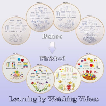 VIVIDOX 4 Sets Embroidery Kit for Beginners with Stitch Video, Cross Stitch Kits for Adults, Hand Craft Lover, Starters Easy Practice with Stamped Pattern, Hoop, Needles, Scissors, Tools & Instruction - color: Beginner Kit (with 1 Hoop)