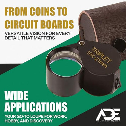 Ade Advanced Optics 10x21TB-A Triplet Professional Loupes – Jewelers Loupe for Jewelry, Coins, Gemstones, Trichomes, Geology, Diamond Inspection, Pocket Magnifier Tool for Watch, Plants, Slides