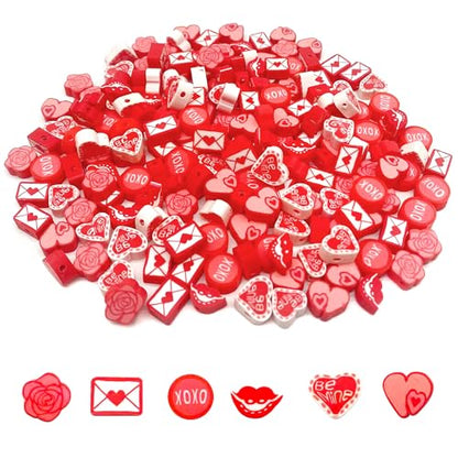 100 Pcs Valentine's Day Polymer Clay Beads Mixed Heishi Spacer Beads Supplies for DIY Bracelet Earring Necklace Jewelry Making - color: Red