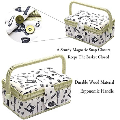 Small Sewing Basket with Supplies, Sewing Kit Storage Box for Girls/Kids/Beginners (White, Sewing Accessories Pattern)