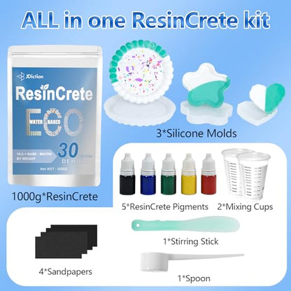 JDiction ResinCrete Kit, Complete Kit Easy for Beginners, 20-30Minutes Demold, Include Water-Based Eco-friendly Casting Powder, Mold & Pigment, Easy Mix for Beginners DIY Home Decor