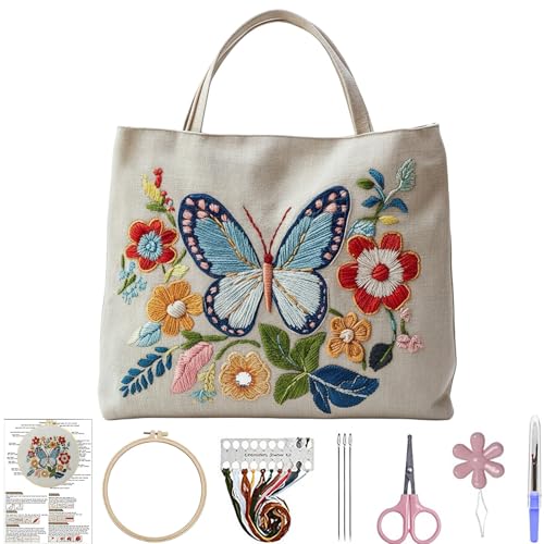 ARTopet Embroidery Tote Bag Kit for Beginners Butterfly Canvas Cross Stitch Handbag with Hoops Needles Threads Reusable Grocery Bag for Women-Butterfly03 - color: Butterfly03