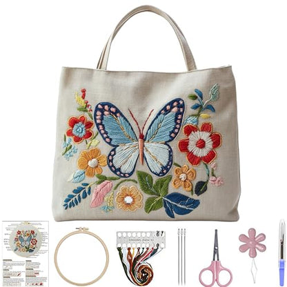 ARTopet Embroidery Tote Bag Kit for Beginners Butterfly Canvas Cross Stitch Handbag with Hoops Needles Threads Reusable Grocery Bag for Women-Butterfly03 - color: Butterfly03