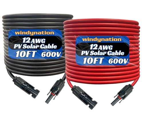 WindyNation 12 Gauge 12 AWG Pair 10 Feet Black + 10 Feet Red PV Photovoltaic Solar Panel Extension Cable Wire Solar Connectors - color: 10 Feet Black + 10 Feet Red, size: 12 AWG Solar Cable
