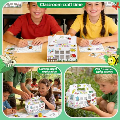 28 Pack Bug Hotel Box Color Your Own Cardboard Bug Catchers with Stickers, DIY Insect Critters Collection Gable Box with Window for Spring Summer Garden VBS Crafts Party Favors