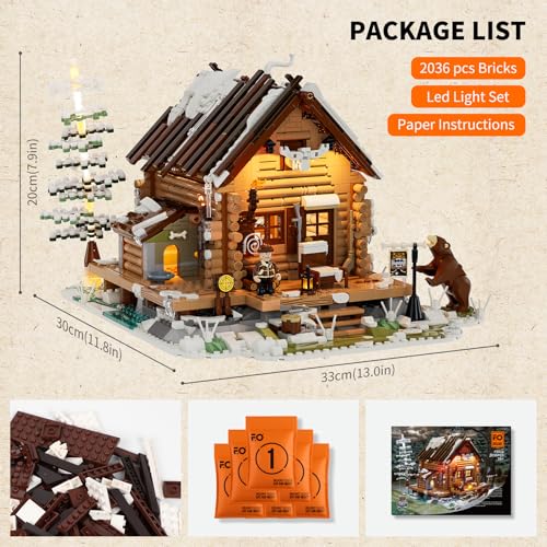 FUNWHOLE Hunting-Cabin Lighting Building-Bricks Set - Retro Wooden Cabin LED Light Construction Building Model Set 2036 Pcs for Adults and Teen