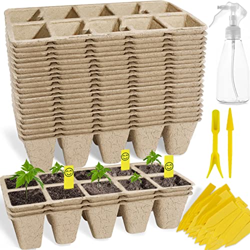200Cells Seedling Start Trays with Drain Holes,20pcs Peat Pots Seedling Pots Biodegradable,Seedling Starter Kit,Organic Germination Plant Starter Trays(200xLabels,2xTransplant Tools,1xSpray Bottle) - size: 200cells-20pcs