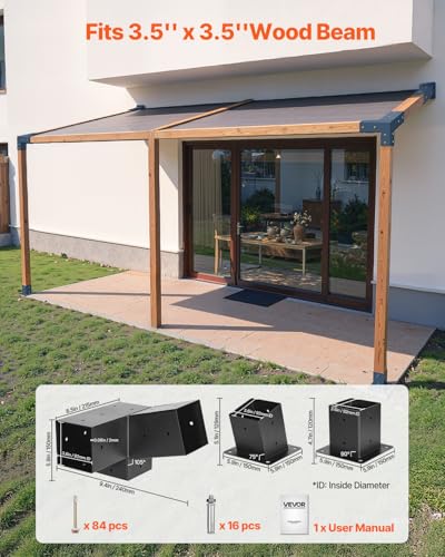 VEVOR Pergola Kit, 4x4 Inch 3-Way Slanted Brackets for 3.5x3.5 Inch Wood Beams in Actual Size, 2-Pack Pergola Brackets with 2 Post Bases and 2 Wall Mount Bases, for Outdoor Pergolas, Gazebos, Sheds - size: 2PC 15°3-Way+4PC Base Post 4*4 SET