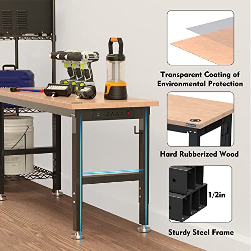 WORKPRO 60" Adjustable Workbench, Rubber Wood Top, 2000 LBS Capacity - size: 5FT workbench