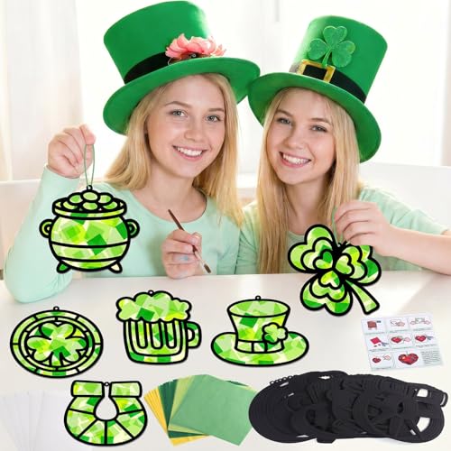 Qyeahkj 36 Set St. Patrick's Day Suncatchers Crafts for DIY Shamrock Window Tissue Paper Craft Kit Hanging Decor for St. Patrick's Day Home Activity Art Project Birthday Party Favor - style: Lucky Shamrock