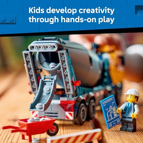 LEGO City Cement Mixer Truck Building Toy for Boys & Girls, Ages 7+ - Pretend Play Construction Toy W/Rotating Drum & 3 Worker Minifigures - Gift Idea for Birthdays - 60478