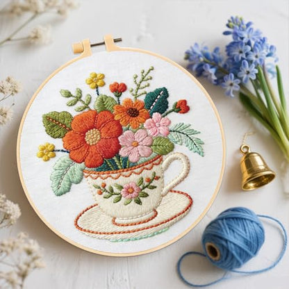 FREEBLOSS 4 Set Embroidery Kit for Adult Beginners Floral Coffee Tea Stamped Patterns Embroidery Starter Kit with Instructions Hand Needlepoint Starter Set Cross Stitch Kits for Women Craft 7.9inch