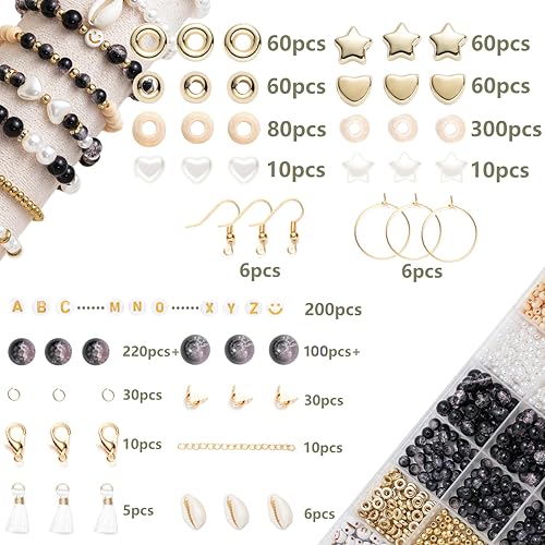Xylise 6mm/8mm Crackle Glass Beads Bracelet Making Kit Crystal Glass Beads Jewelry Making Kit, Friendship Bracelet kit for DIY Crafts Gifts - color: Two-tone black