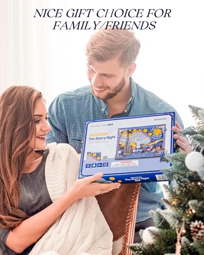 Rowood Starry Night 3D Puzzles for Adults,Mother's Day DIY Wooden Vincent Van Gogh Painting Artwork Craft Kit Building Set with LED,Home Decor Botanical Collection Gift for Family on Christmas - style: The Starry Night