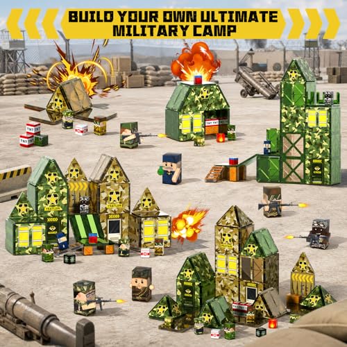 Bmag 109 PCS Military Magnetic Tiles Set, Army STEM Building Toys, Camo Printed Construction Blocks, Educational Play Gifts for Boys Girls Ages 3-12 - size: 109PCS